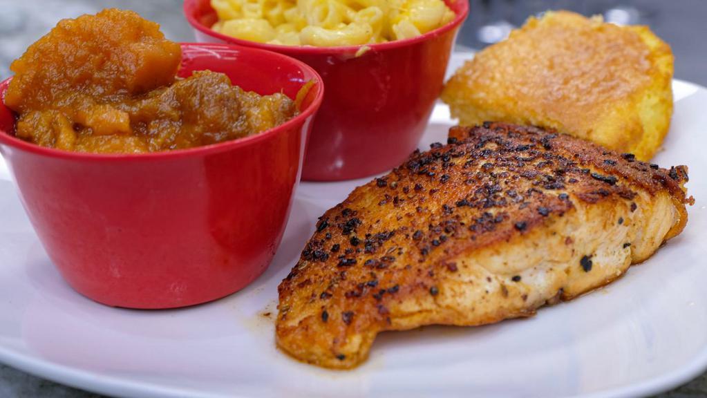 Grilled Salmon Platter · Made-to-order and blackened to perfection our salmon platter comes with two sultry sides.