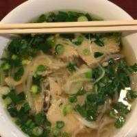 Pho Ga · Chicken noodle soup with slices of chicken, green onions and cilantro.

Consuming raw or und...