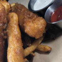 Fat Tire Fish & Chips · Beer battered cod, house-cut fries, malted tartar sauce.