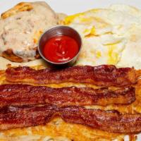 Breakfast Anytime · Three eggs your way, honey buttermilk biscuit, and jalapeño gravy, sugar cured bacon, hashbr...