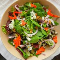 Roasted Beet & Pistachio Salad · Spinach, mixed greens, roasted beets & carrots, shaved red onion, chopped pistachios, Gorgon...