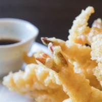 Shrimp Tempura · Six pieces large prawns deep-fried in egg-tempura batter.
