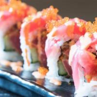 Red Dragon Roll · Spicy tuna roll with cucumber, topped with sliced tuna, spicy mayo, and tobiko.