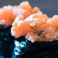 Spicy Salmon Gunkanmaki · Two pieces per order.