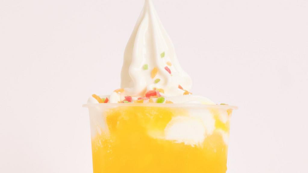 Mango Soda Float With Vanilla Ice Cream · Classic vanilla ice cream topped with poprocks floating on fruit soda