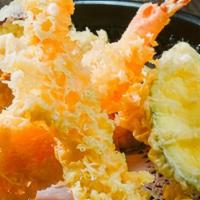 Tempura Shrimp Appetizer · Two pieces shrimp tempura and five pieces vegetable tempura.