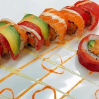My Love Roll · Spicy crunchy yellowtail with avocado inside, topped with salmon, tuna, avocado. Served with...