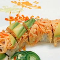 Mason Roll · Shrimp tempura, cream cheese, jalapeño inside, topped with spicy crab meat and avocado, serv...