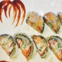 Dynamite Roll · Crabstick, cooked shrimp and scallop, avocado, cucumber, spicy mayo, fish egg, deep-fried.