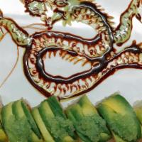 Green Dragon Roll · Salmon, eel, cucumber inside, topped with avocado and green tobiko, unagi sauce.