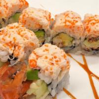 Drunken Blue Crab Roll · Fried soft shell crab, avocado, cucumber inside, topped with real blue crab, fish egg, unagi...
