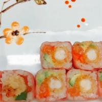 Pinky Control Roll · Shrimp tempura, salmon, avocado, kani, fish egg, spicy mayo wrapped in soy crepe, unagi sauc...