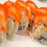 Angry Scallop Roll · Spicy crunchy cooked scallop with cucumber inside, topped with sushi scallop and fish eggs.