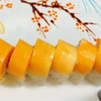 Yellow Angel Roll · Shrimp tempura and cucumber inside, topped with spicy crunchy salmon and sweet mango, spicy ...