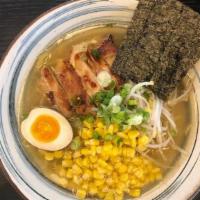 Chicken Shio · Clear chicken broth ramen, light and salty. . Includes Chicken Chashu, Bean Sprouts, Corn, (...