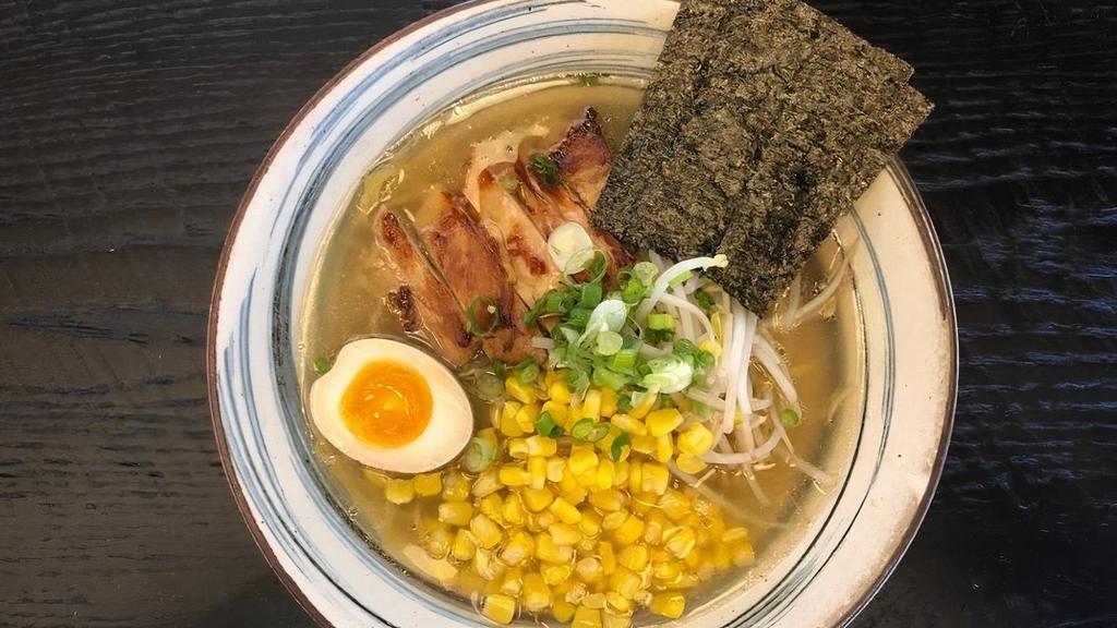 Chicken Shio · Clear chicken broth ramen, light and salty. . Includes Chicken Chashu, Bean Sprouts, Corn, (1/2)Egg, Green Onion, and (4pc) Nori Seaweed. . *No substitution/exchange with toppings*