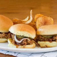 The Junction Sliders · With house pickles & BBQ Sauce . Served with House BBQ chips