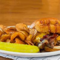 Backwoods Smokey Burger · 8oz patty with smoked cheddar, candy bacon, BBQ sauce & fried onions
