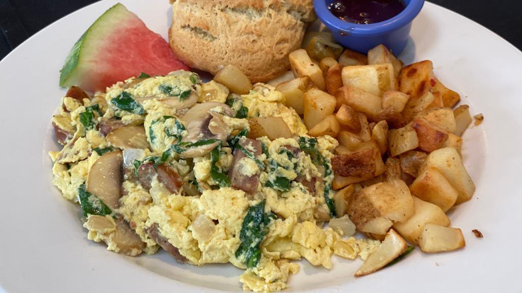 Joe'S Special · Two egg scramble, chicken sausage, spinach, mushrooms, onions, served with a scone and cottage potatoes.