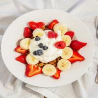 House Granola · Pecans, craisins, fresh fruit, your choice of milk or plain yogurt.