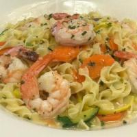 Summer Pasta · Egg noodle pasta tossed with jumbo shrimp, sautéed with carrots, . zucchini, summer squash, ...