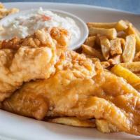 Fish & Chips · Beer battered, fresh cod fillet. Served with house cut fries, homemade . coleslaw and house ...