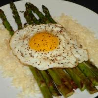 Asparagus & Egg · Grilled asparagus topped with a fried egg and fresh grated parmigiano-reggiano.