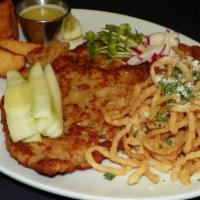 Pork Milanese · Thin pork breaded & fried, topped with refreshing cucumber, radish & radish sprout slaw, ser...