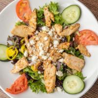 Greek Salad · Choice of grilled chicken or gyro meat made with lettuce, tomato, cucumber slices, pepperonc...
