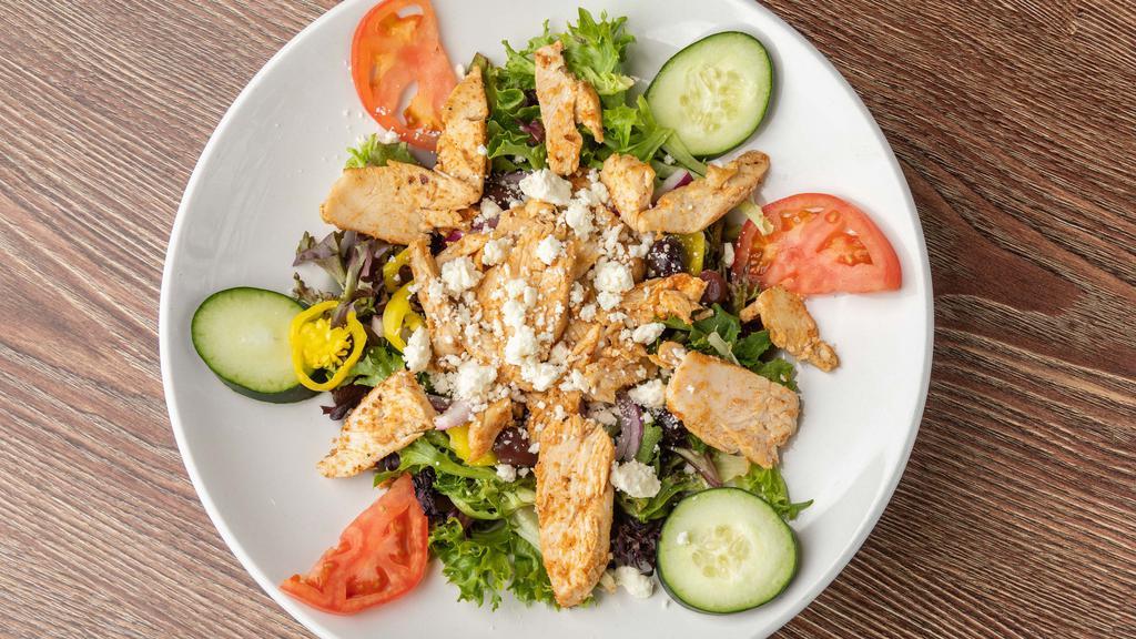Greek Salad · Choice of grilled chicken or gyro meat made with lettuce, tomato, cucumber slices, pepperoncini, Greek olives, beets topped with feta cheese and Greek dressing on side.