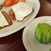 Texas 2 Step Horseshoe/Ladies Choice · Toast two slices (openface) choice white or wheat, avocado, sliced, two slices of bacon, top...