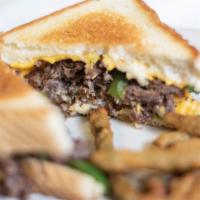 Shredded Steak Toaster · Steak, grilled onion, grilled green pepper, and cheese on Texas toast with mayo.