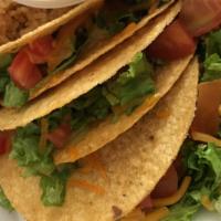 Crispy Or Soft Tacos Ground Beef · 3 ground beef Crispy or Soft Taco dinner w/ lettuce, tomato, cheese