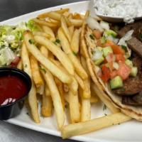 Gyro Platter · Shaved lamb and beef gyro over pita bread with crumbled feta, onions, tomatoes, tzatziki ser...