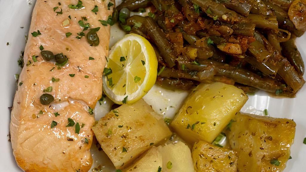 Grilled Salmon Filet · Grilled filet of salmon served with 2 sides