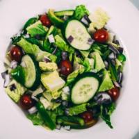 House Salad · Chopped romaine, tomato, cucumber, green pepper ,onion and your choice of topping