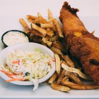Fish & Chips · Narragansett lager beer battered catch of the day served over house cut French Fries with si...