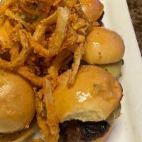 Party Sliders · Chargrilled angus beef, pickle, smoked gouda cheese topped on a brioche bun with onion straws.