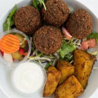 Falafel & Potato Basket · Served with a dip of your choice and pickles.
