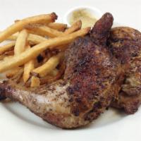 Chicken · Rotisserie half chicken served with house rice or french fries.
