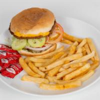 Double Burger · Two patties with mayonnaise, mustard, ketchup, cheese, tomato, onions, pickles, lettuce, and...