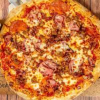 Meat Lovers Pizza · Tomato sauce, mozzarella cheese, pepperoni, bacon, ham and Italian sausage.