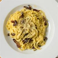Carbonara · Homemade spaghetti, guanciale, becorino, egg and black pepper.