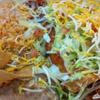 (2) Mixed Enchilada · two Beef and beans enchiladas with enchilada sauce on top, lettuce, pico de gallo and cheese.