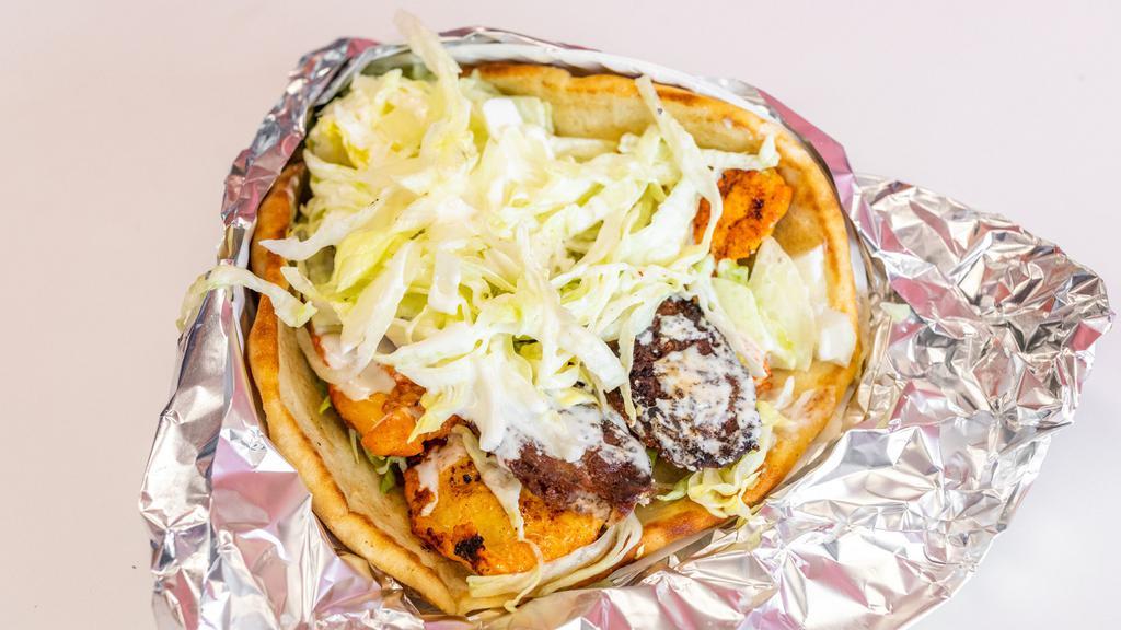 Beef, Lamb, Shrimp, Falafel Or Chicken Gyro Platter Meal · Beef, lamb, shrimp, falafel or chicken gyro on pita bread with french fries and a can of soda or  over rice and salad with a can of soda