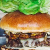 Aloha Burger · flat top seared, Angus beef patty, bacon, gruyere cheese, brioche bun, grilled pineapple, sa...