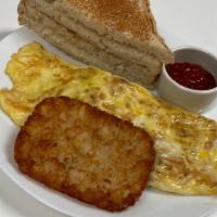 Cheese Omelet · American, provolone, Swiss. Comes with hash brown & toast.