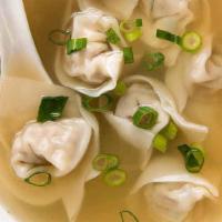 Wonton Soup · Shrimp wontons simmered with Napa cabbage and snow pea in light broth.