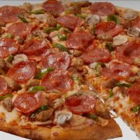 Recipe Supreme Pizza · Pepperoni, sausage, mushroom, onions and bell peppers.