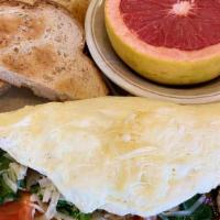 Trainers Omelette · Four egg whites, chicken sausage, spinach, roma tomato, caramelized onion, Parmesan cheese, ...